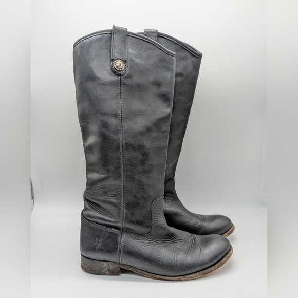 Frye Melissa Button Lug Double Sole Black Leather Riding Boot 8.5 - Picture 1 of 12